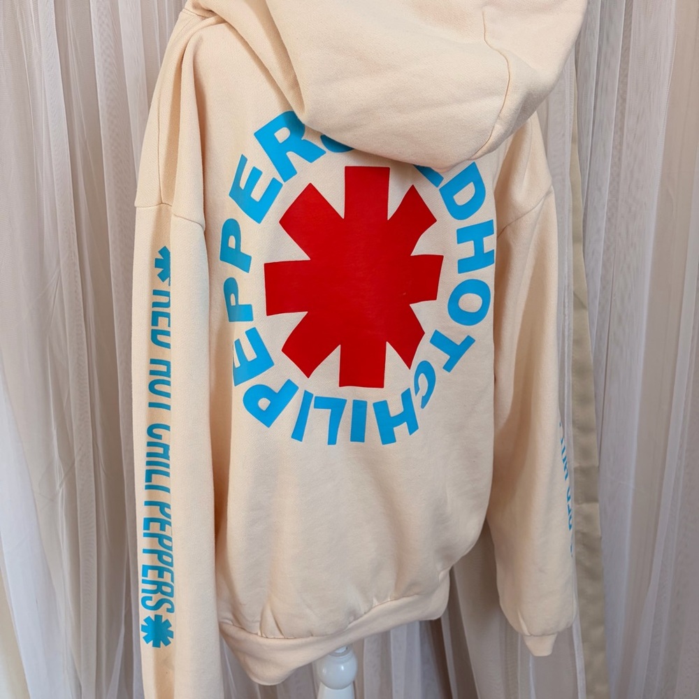 Cream Hoodie with Red and Blue Graphic